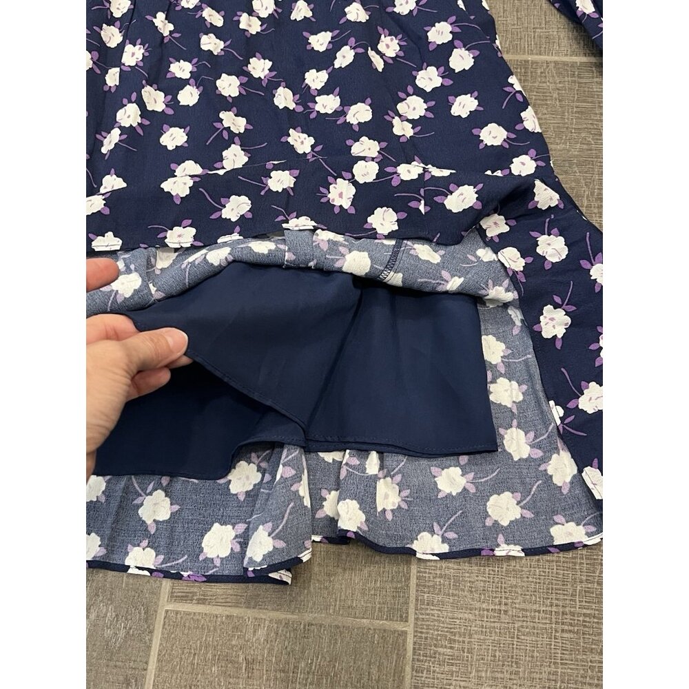 J. Crew Women’s tiered floral midi dress Tie neck Medium size Navy purple - Picture 9 of 14
